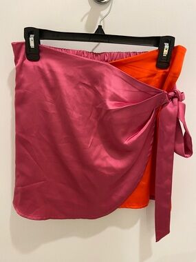 Sincerely Jules Satin Wrap Skirt in Rose-Pink with Orange Accent